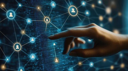 Businessman Touching Social Network with People Icons, High-Detail Ultra-Realistic Technology Wallpaper