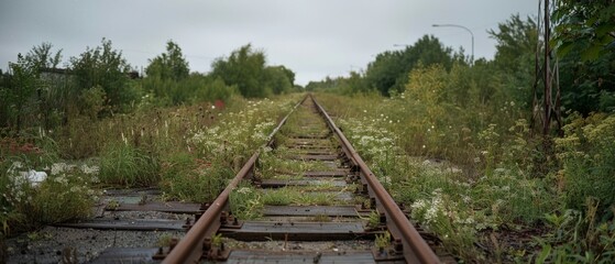 Fototapeta premium Overgrown railway tracks stretch ahead, embraced by lush greenery, depicting nature reclaiming urban relics.