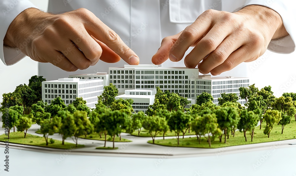 Poster a person assembling a architectural model of a modern building surrounded by greenery.