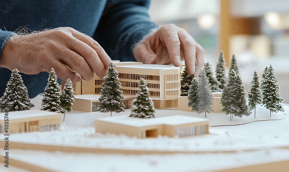 Poster a person assembling a miniature architectural model with trees.