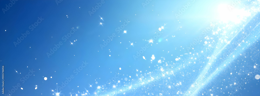 Poster a bright blue background with sparkling particles, creating a dreamy and ethereal effect.
