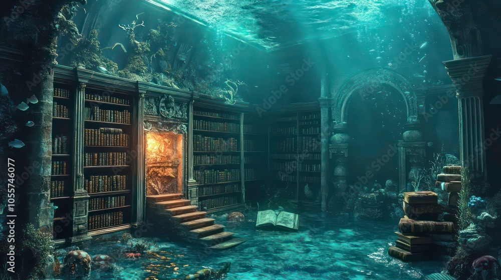 Poster an underwater library with shelves of books, illuminated by light filtering through water.