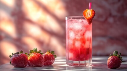 A refreshing glass of strawberry lemonade with ice and a strawberry garnish, garnished with a straw, on a marble countertop.