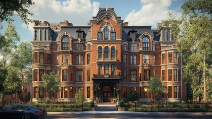Elegant brick building with intricate architectural details.