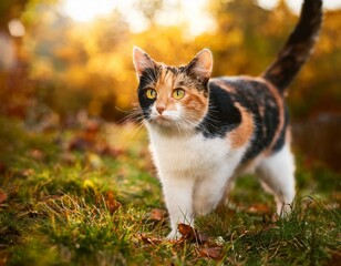 Beautiful kitty sitting on the autumn tree