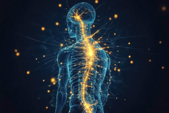 Nervous system anatomy, highlighted pathways from brain to spinal cord, delicate nerve endings in bright contrast, technical and clean illustration
