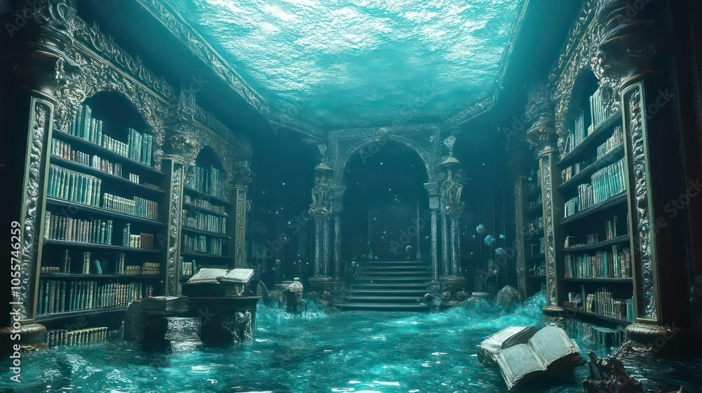 Poster A submerged library with water covering the floor, creating a mysterious and serene atmosphere.