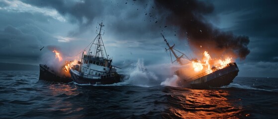 Fototapeta premium Two ships ablaze amidst a stormy sea create a dramatic scene of chaos and intensity at twilight.