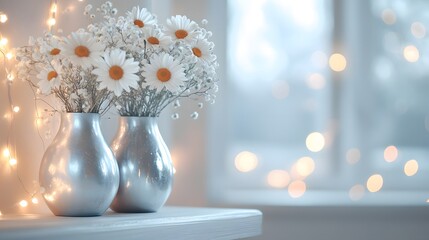 Silver metallic vases containing white daisies and baby's breath, arranged on rustic wooden shelf with dreamy bokeh background and warm fairy lights.