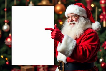 Joyful santa pointing at blank sign for christmas celebration design