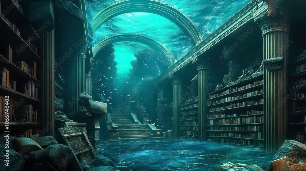 Poster An underwater library with ancient architecture, filled with books and illuminated by soft light.