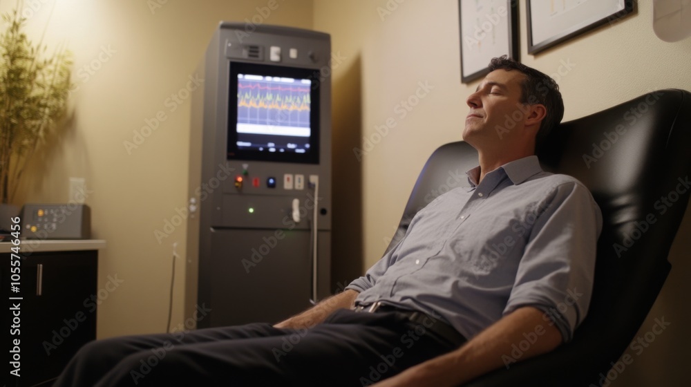 Poster a man in a light blue shirt sits in a black leather chair with his eyes closed. he is connected to a
