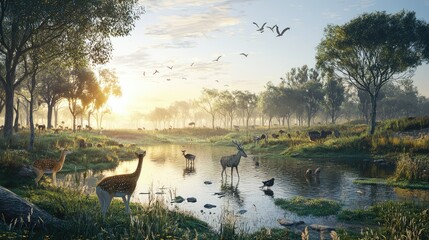 Serene 3D Wildlife Scene in a Protected Environment