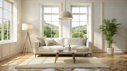 Bright Modern Living Room with White Sofa and Stylish Lamp for Interior Design Inspiration