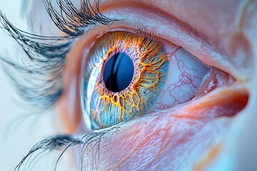 Closeup of the human eye anatomy, iris, retina, optic nerve detailed in vibrant colors, crosssectional view, medical illustration, sharp focus