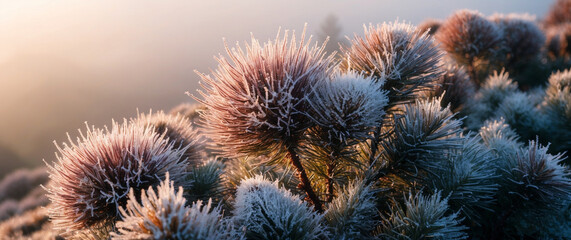 Frosty plants illuminated by morning light for winter nature scene