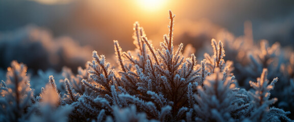 Frosted shrubs glowing in sunrise light for winter nature photography