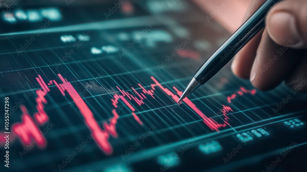 Poster A close-up of a hand analyzing stock market data on a digital screen with red fluctuations.