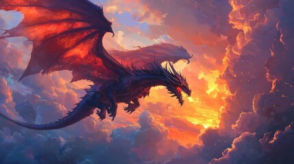 Majestic Dragon Soaring Through Vibrant Sunset Sky