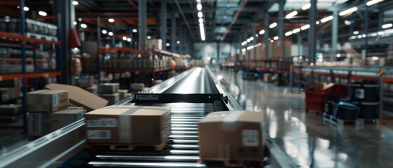 Fototapeta premium A busy warehouse with packages moving swiftly on conveyor belts under bright lights, showcasing efficiency and the fast-paced nature of logistics.