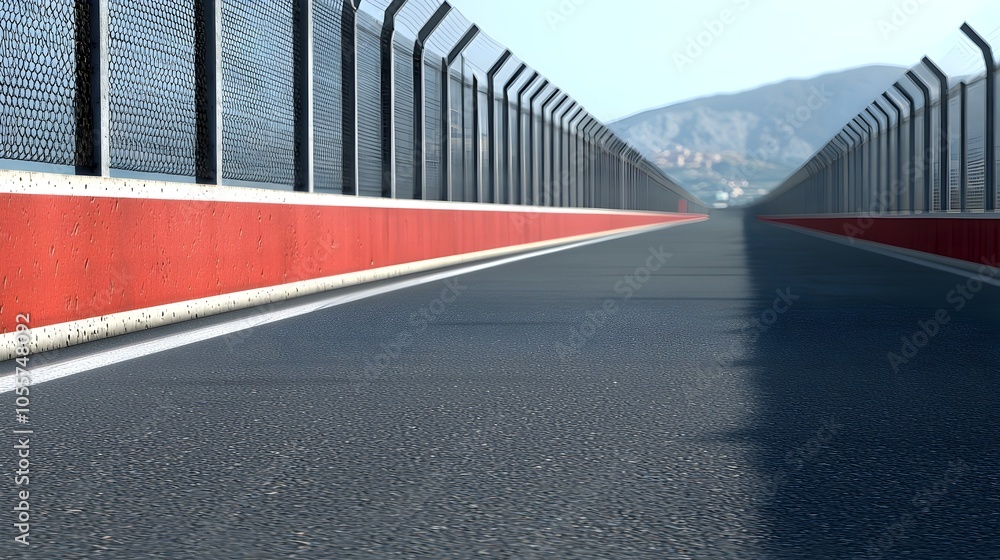 Poster high-speed racing dynamics on circuit - detailed ground texture and barrier lines emphasize speed an