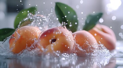 Fototapeta premium Dynamic photography of fresh peaches with water splash against bright white bokeh background, featuring green leaves and crystal clear water droplets.