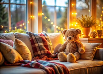 Candid Photography of a Bear Toy in a Cozy Living Room Setting with Natural Light and Warm Colors
