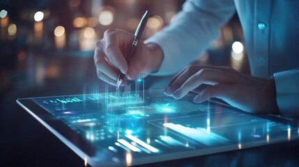 Naklejka premium Businessman Analyzing Financial Graph on Tablet with Virtual Hologram Icons for Strategy and Growth