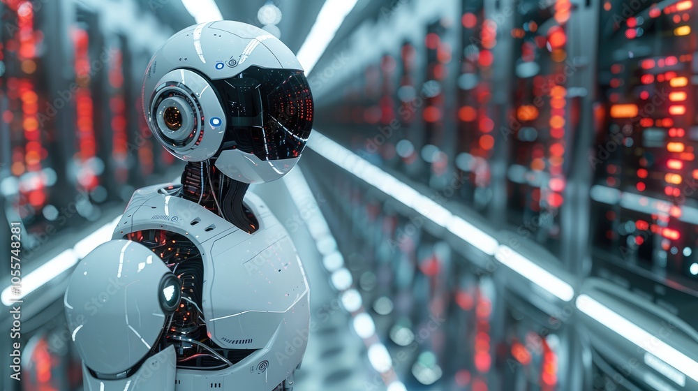 Poster in futuristic technology, robotics stand at the edge of modern servers while artificial intelligence