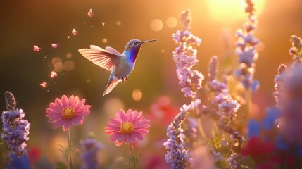 Fototapeta premium Hummingbird in Flight with Flowers and Golden Sunlight