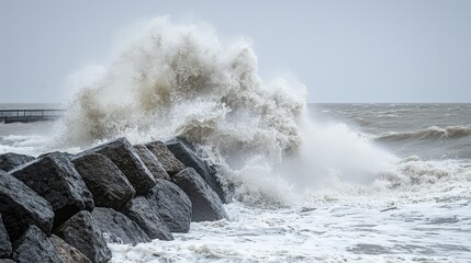 Dynamic Waves Crashing Against Rocky Shoreline