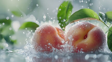 Dynamic photography of fresh peaches with water splash against bright white bokeh background, featuring green leaves and crystal clear water droplets.