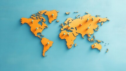 3D world map design in orange on a blue background, abstract visualization.