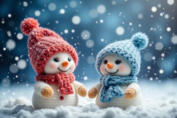 Adorable winter snowmen with knitted hats and scarves in a snowy wonderland