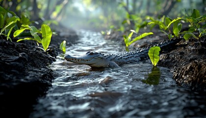 Obraz premium A crocodile swims quietly through a shallow stream, surrounded by lush green foliage, capturing a serene yet wild atmosphere.