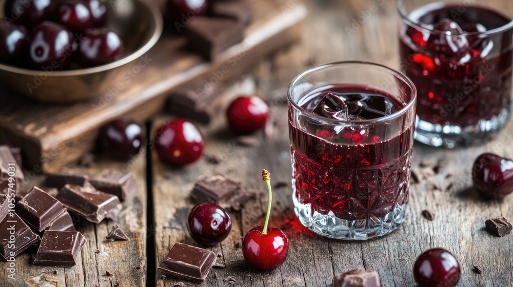 Aufkleber juicy cherries and chocolate bits served in glasses with cherry juice on a rustic table