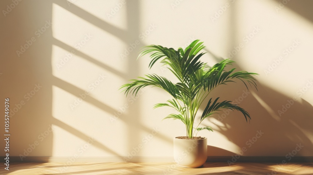 Poster Lush houseplant in a pot placed on a wooden floor next to a wall illuminated by sunlight casting shadows on a beige backdrop Vertical composition ideal for mockup presentations