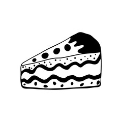 A pastry outline illustration, a sweet food hand-drawn icon,  a cake doodle in black and white, a slice of cake