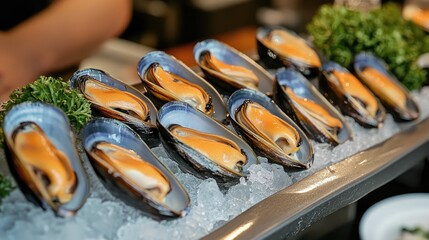 Fresh mussels served on ice showcasing a seafood shellfish display in a dining setting