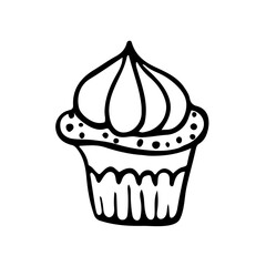 A pastry outline illustration, a sweet food hand-drawn icon,  a cake doodle in black and white