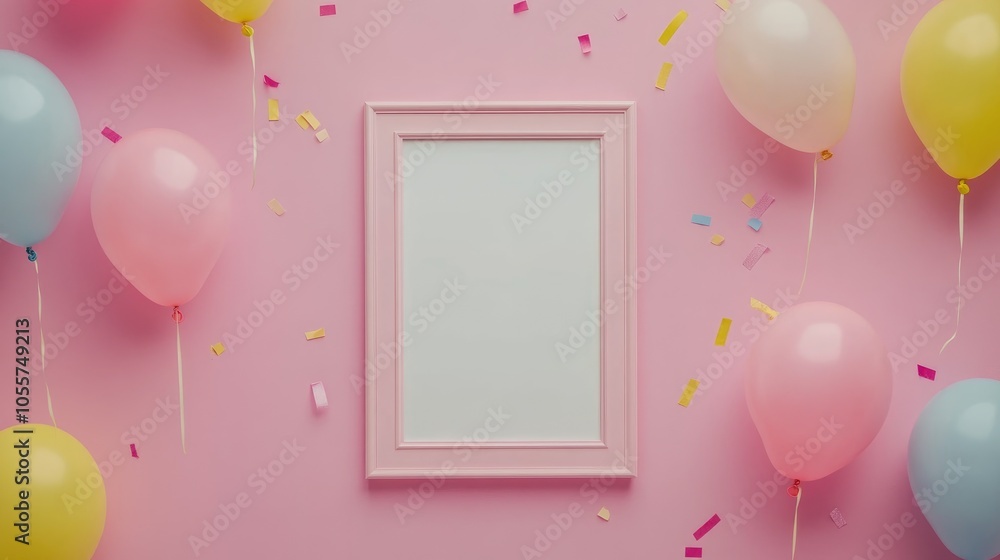 Poster birthday mockup featuring a frame pastel balloons and confetti arranged on a pink tabletop viewed fr