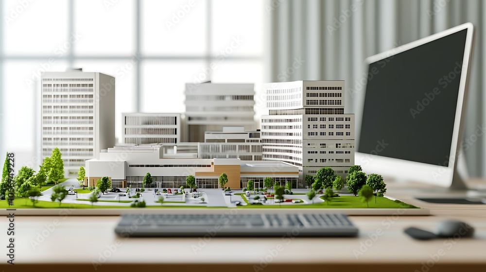Poster a scale model of a modern architectural complex displayed on a desk with a computer.