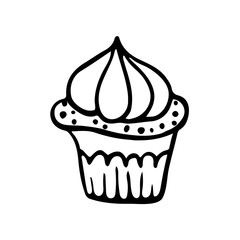 A pastry outline illustration, a sweet food hand-drawn icon,  a cake doodle in black and white