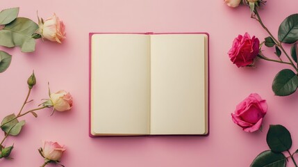 Festive arrangement featuring a notebook and rosebuds on a pink backdrop Ideal for greeting card designs or text layouts Ample space for your messaging
