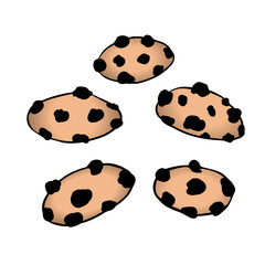 A group of cute hand-drawn cookies with chocolate chips isolated on white