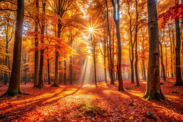 Fototapeta premium Captivating Autumn Forest Scene with Sunbeams - Long Exposure Photography