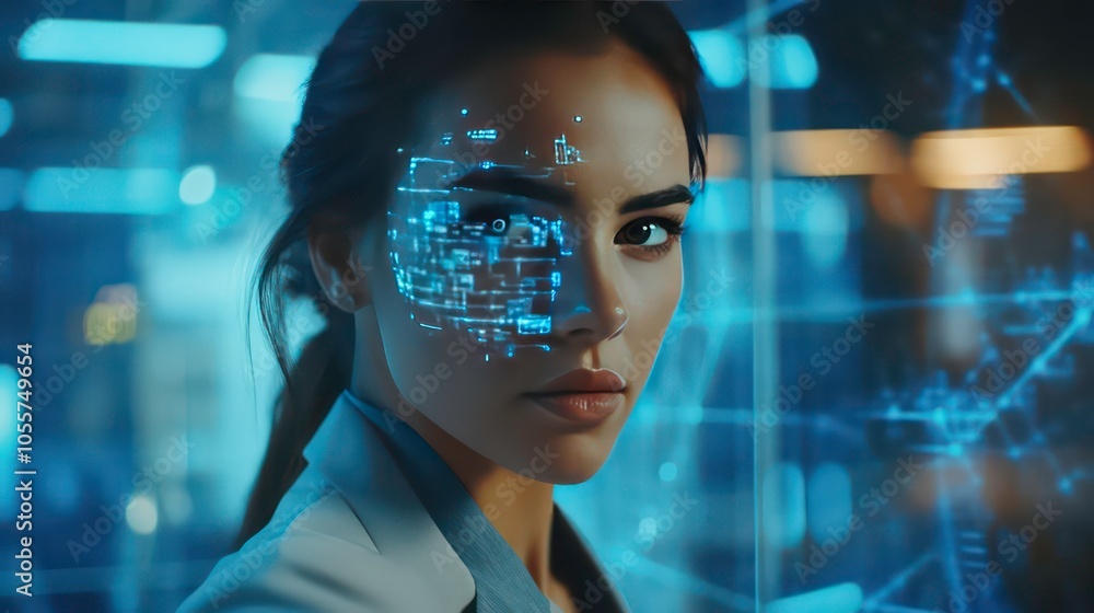 Aufkleber a woman with digital data projected on her face, symbolizing technology and innovation.