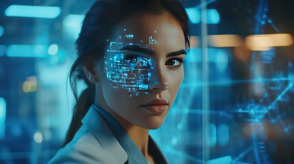 A woman with digital data projected on her face, symbolizing technology and innovation.