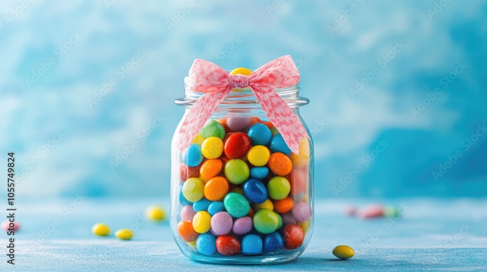 Poster vibrant candies displayed in a jar adorned with a bow set against a blue backdrop ideal for birthday