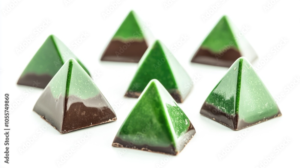 Poster luxury pyramid shaped chocolate candies featuring a geometric triangular design in green handmade co